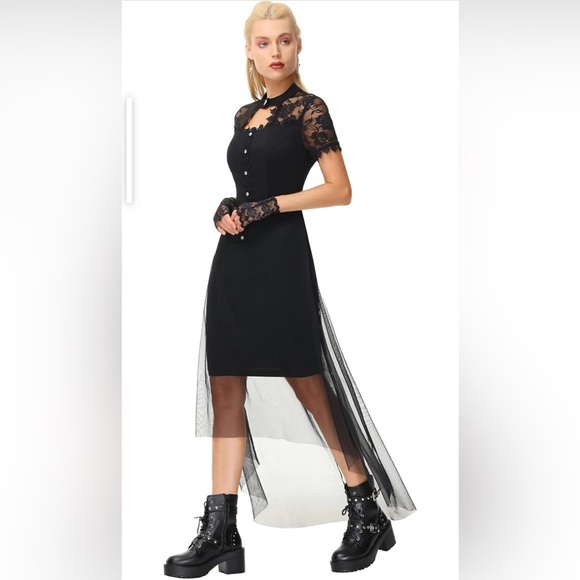[ BELLE POGUE ] High-Low Black Gothic Dress w/Lace Patchwork & Cut Outs: M : EUC - Picture 10 of 10